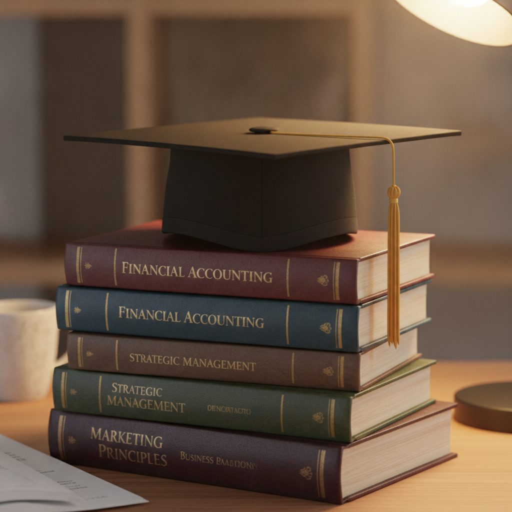 Graduation cap resting on a stack of business textbooks with warm desk light
